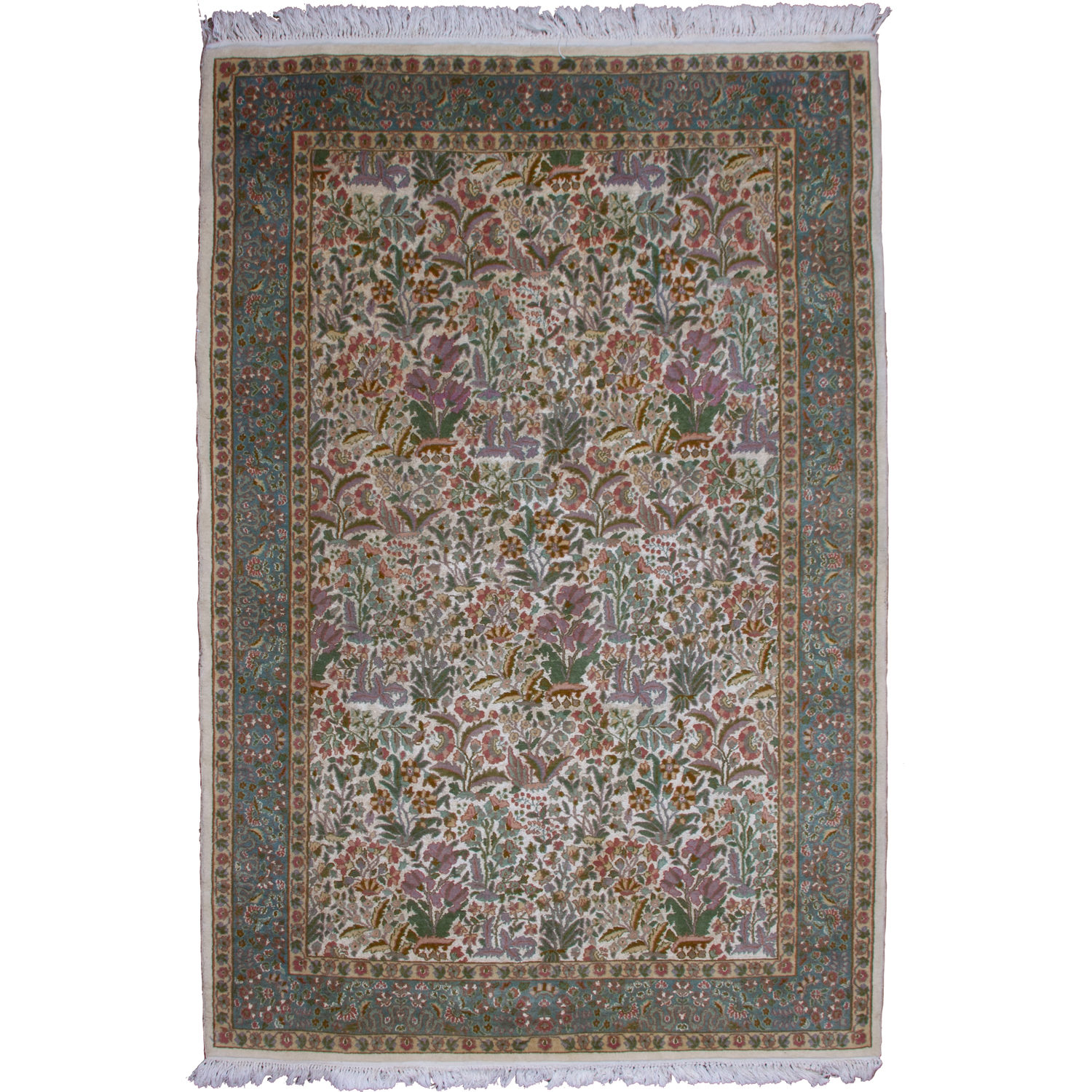 a 4x6 Rectangular Double Knot Rug Floral Design RugsTC 4'0 x 6'4 Pak Persian Area Rug with Silk & Wool Pile 100% Original Hand-Knotted in Gold,White,Green Colors 